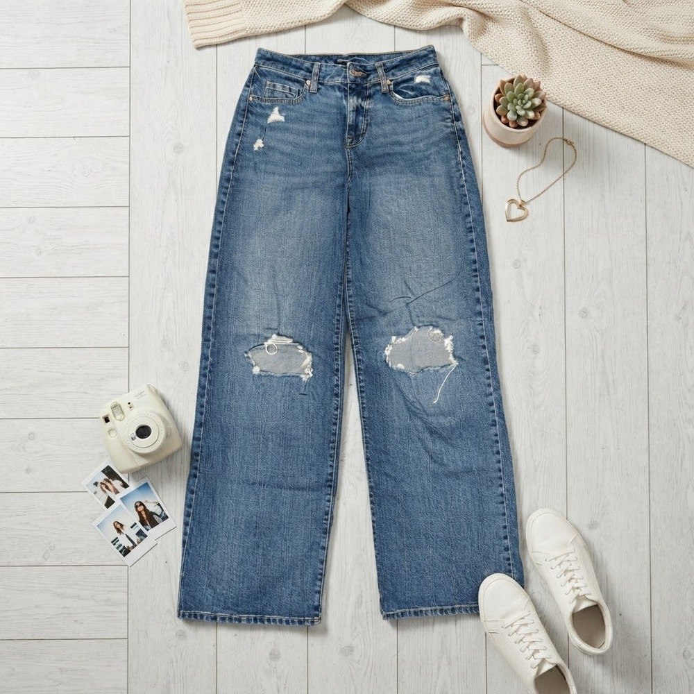 Wild Fable Womens High Rise Baggy Jeans Medium Wash Distressed Wide Leg Size 6/R